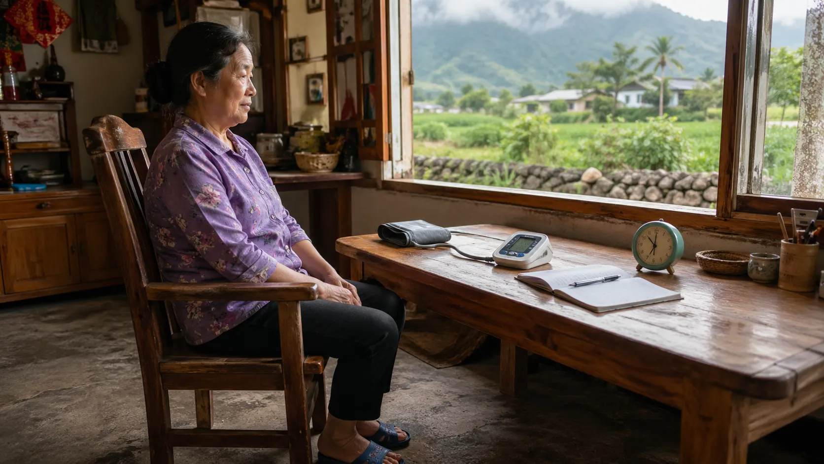 花蓮農村住家裡，長者在木桌旁安靜坐好休息，桌上準備上臂式血壓計、壓脈帶、紀錄本和筆