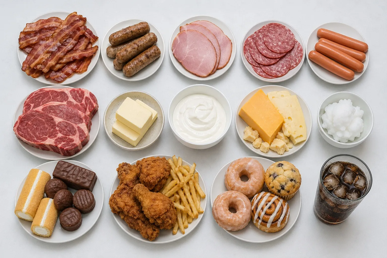 膽固醇控制時需要少吃的食物，包含加工肉、肥肉、奶油、全脂乳製品、炸物、甜點和含糖飲料